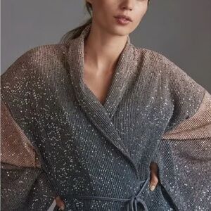Anthropologie Blue Rose Gold Sequin Sparkle Kimono Robe